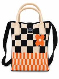 Women’s Black & Cream Checked Knitted Shoulder Bag with Orange Floral Detail