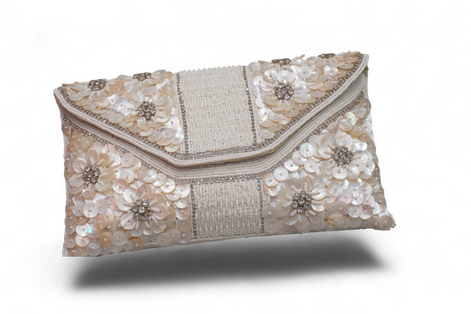 Ivory Sequin & Bead Embellished Evening Clutch Bag