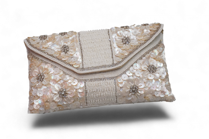 Ivory Sequin & Bead Embellished Evening Clutch Bag