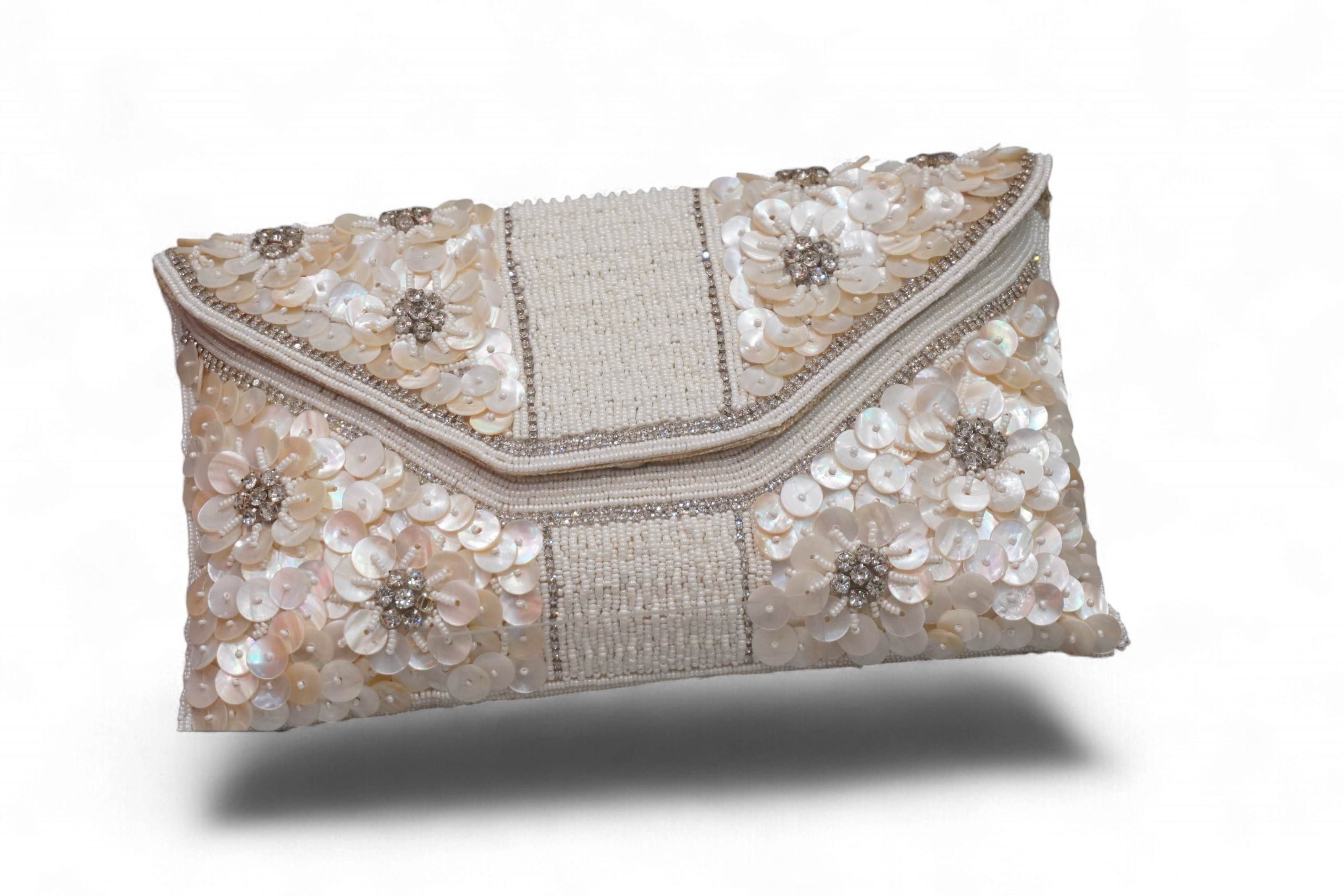 Ivory Sequin & Bead Embellished Evening Clutch Bag