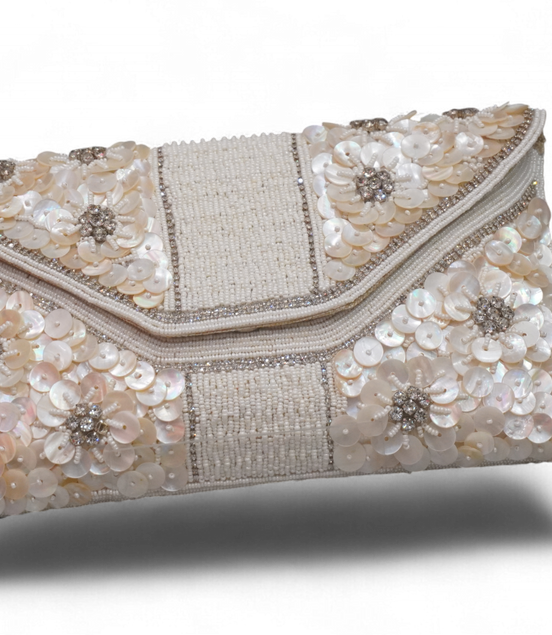Ivory Sequin & Bead Embellished Evening Clutch Bag