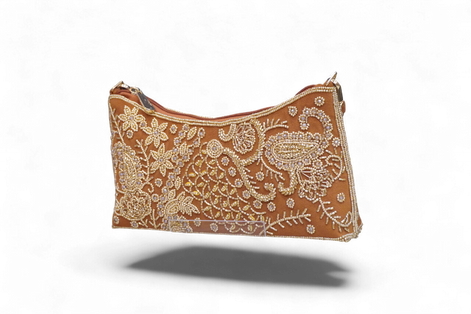 Handcrafted Golden Embroidered Velvet Clutch Bag