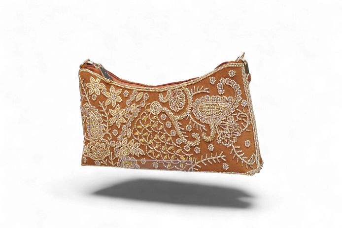 Handcrafted Golden Embroidered Velvet Clutch Bag