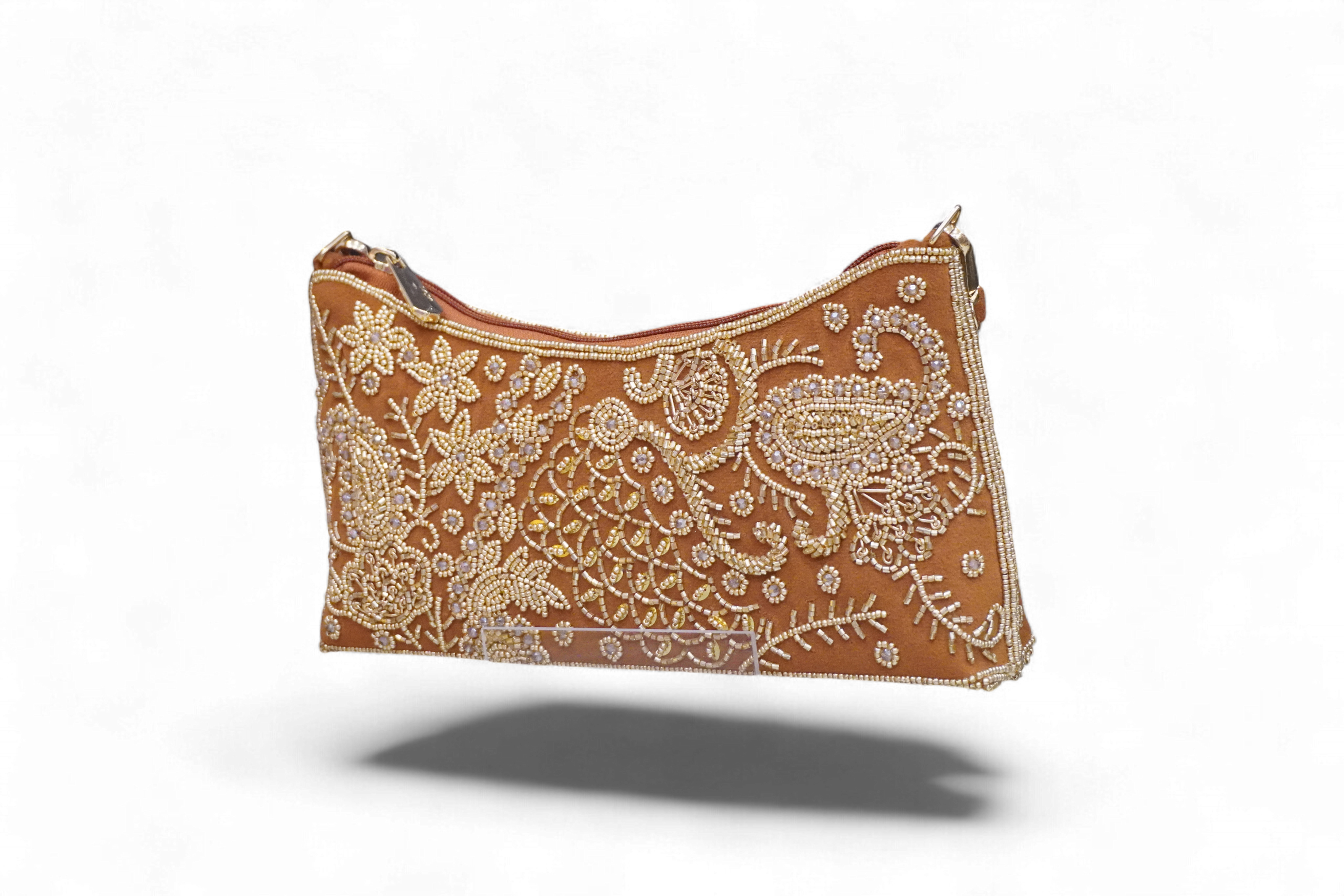Handcrafted Golden Embroidered Velvet Clutch Bag