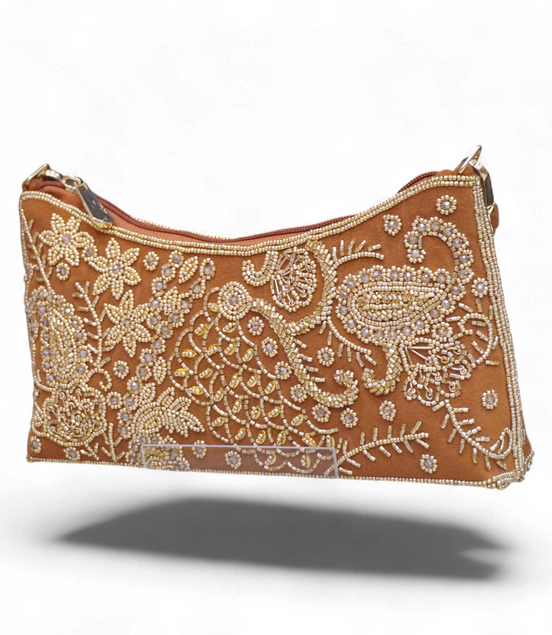 Handcrafted Golden Embroidered Velvet Clutch Bag