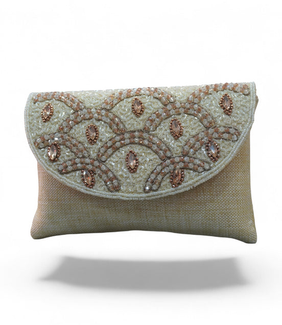 Champagne Elegance Hand-Embroidered Beaded Clutch