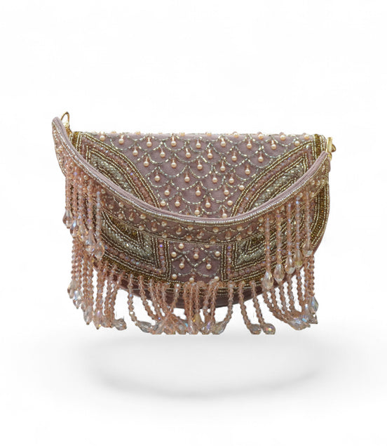 Blush Pearl Crescent Hand-Embroidered Clutch