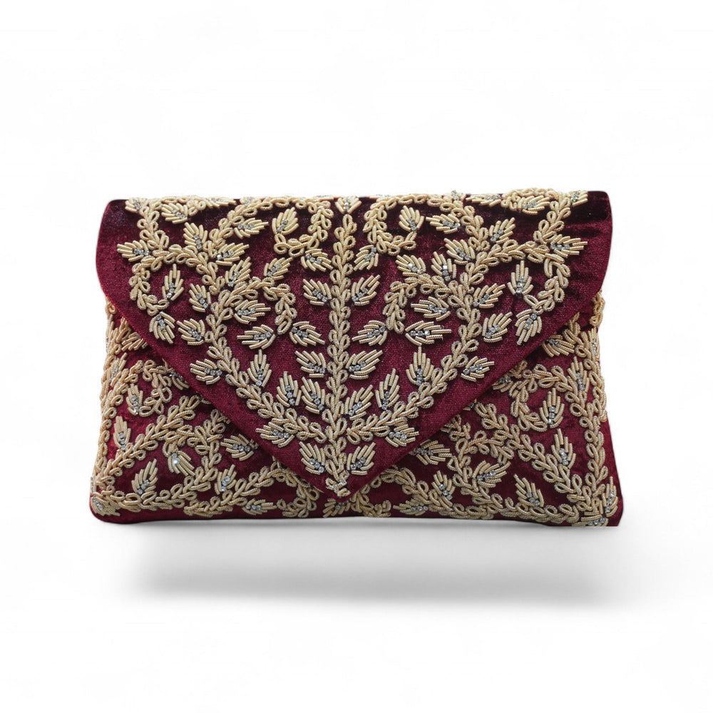 Regal Maroon Hand-Embroidered Velvet Clutch — front