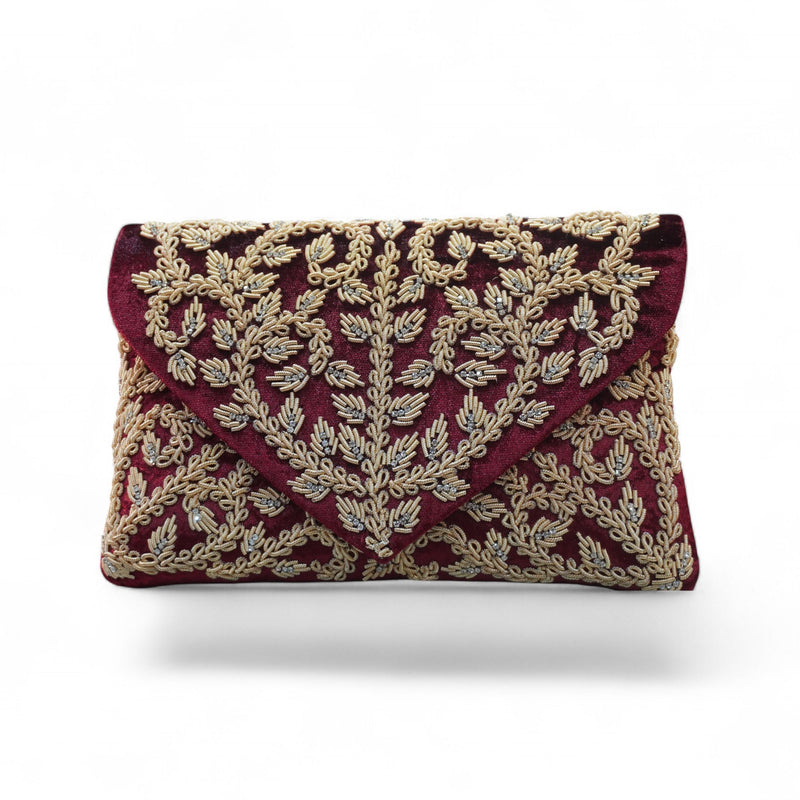 Regal Maroon Hand-Embroidered Velvet Clutch — front