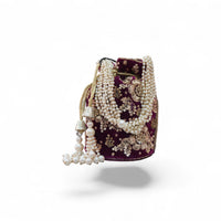 Royal Velvet Embroidered Potli Bag with Pearl Handle — side