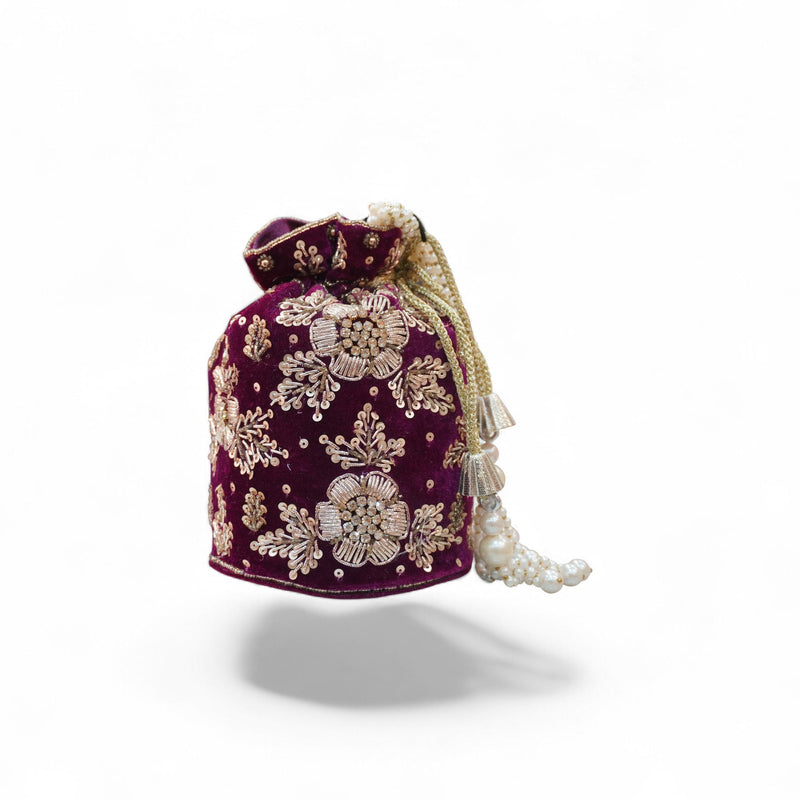 Royal Velvet Embroidered Potli Bag with Pearl Handle — angle