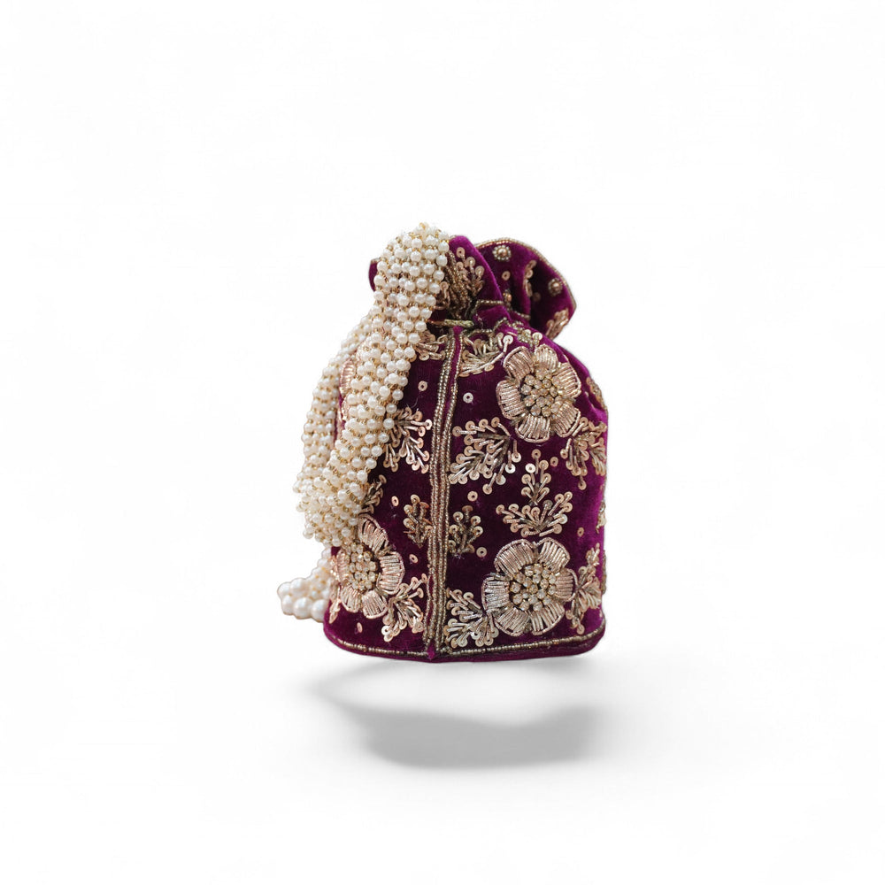 Royal Velvet Embroidered Potli Bag with Pearl Handle — front