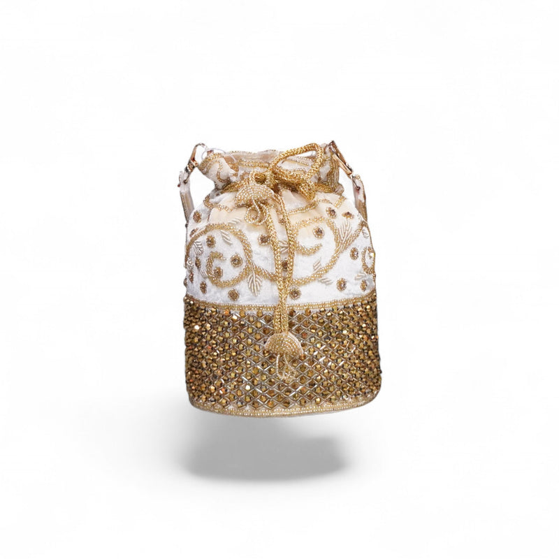 Elegant Golden Embroidered Potli Bag — side