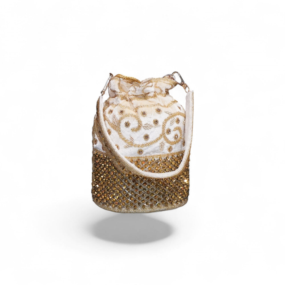 Elegant Golden Embroidered Potli Bag — front