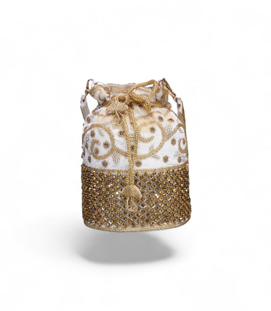 Elegant Golden Embroidered Potli Bag