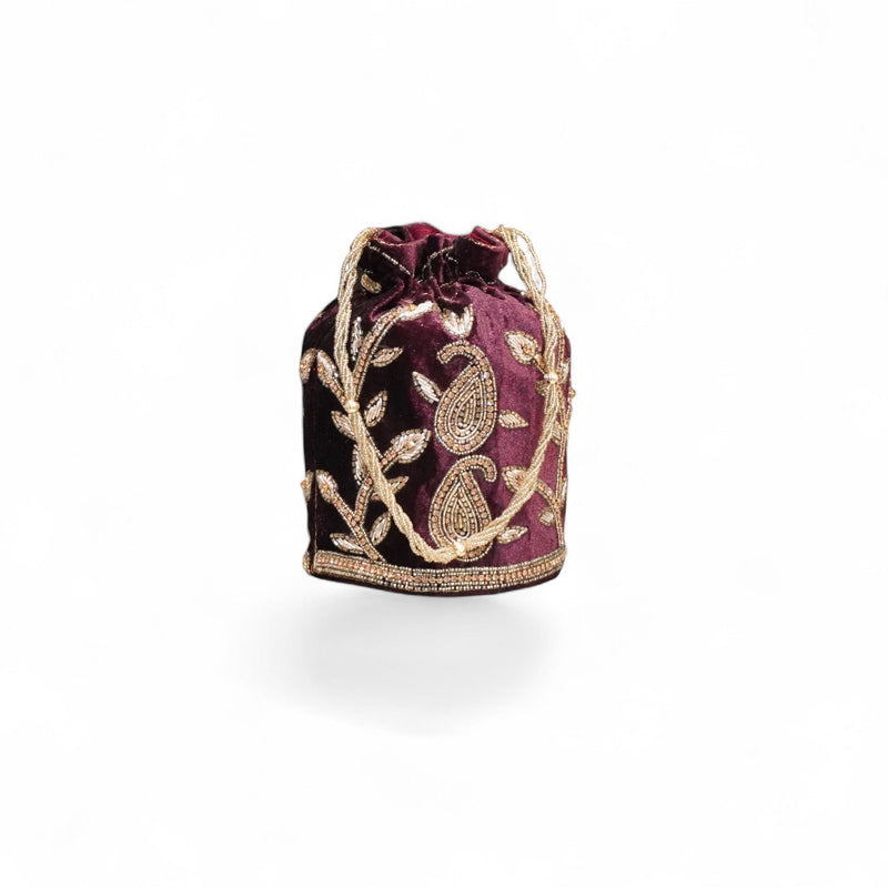 Royal Maroon Velvet Embroidered Potli Bag — side