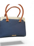 Borsa a mano strutturata blu e beige con emblema dorato – Borsa tote premium con doppio manico
