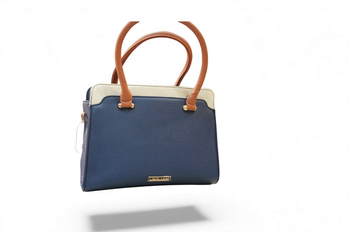 Borsa a mano strutturata blu e beige con emblema dorato – Borsa tote premium con doppio manico