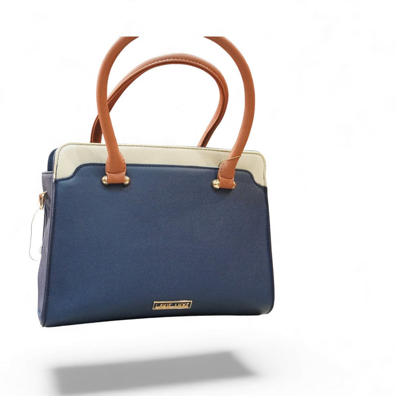 Blue & Beige Structured Handbag — front view