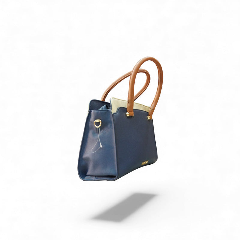 Blue & Beige Structured Handbag — side view