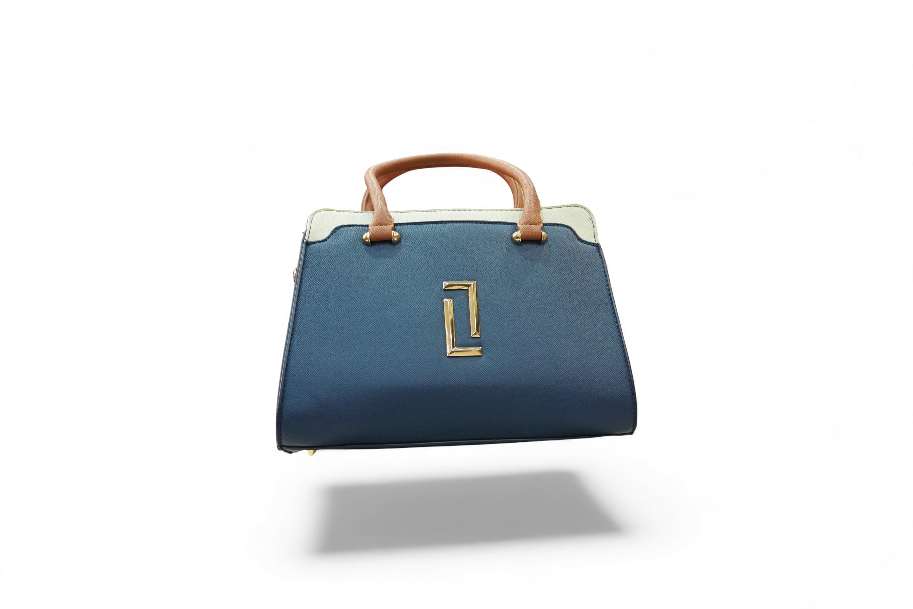 Borsa a mano strutturata blu e beige con emblema dorato – Borsa tote premium con doppio manico