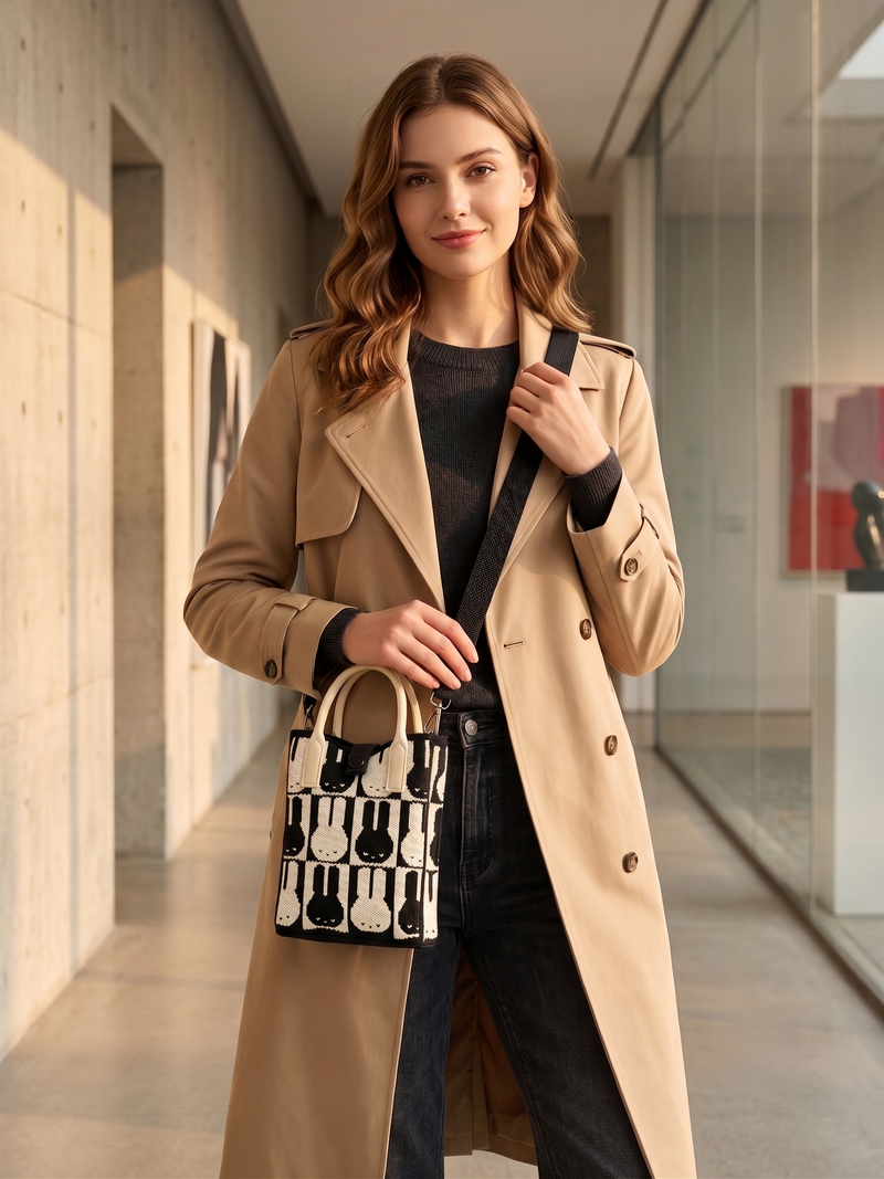 Women's Black & Cream Knitted Bunny Pattern Shoulder Bag
