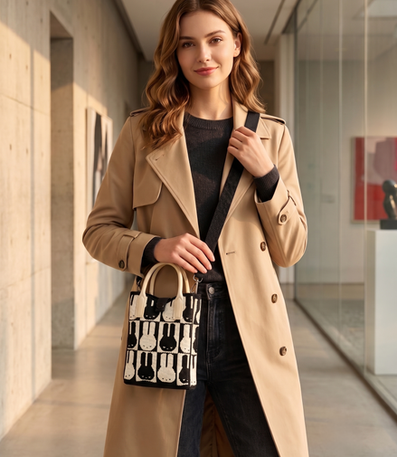 Women's Black & Cream Knitted Bunny Pattern Shoulder Bag