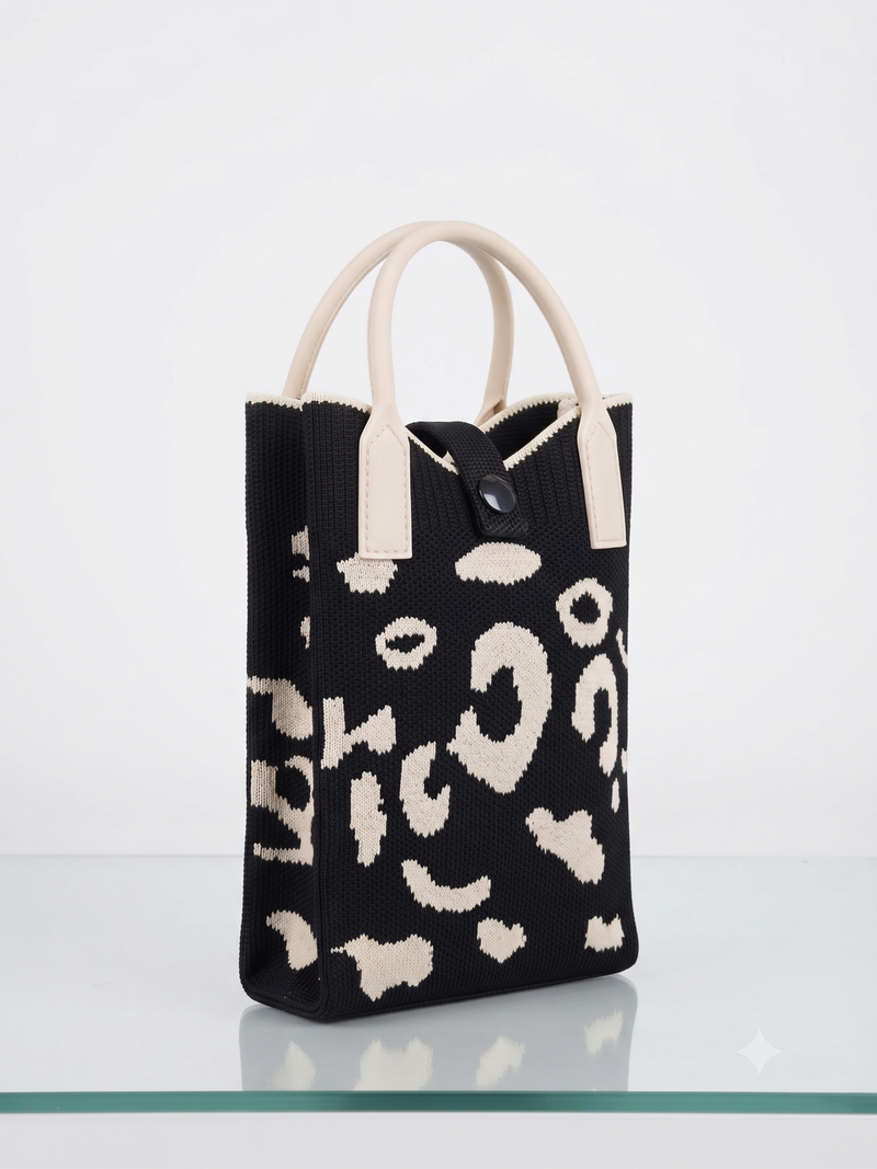 Women's Black & Cream Knitted Mobile Shoulder Bag