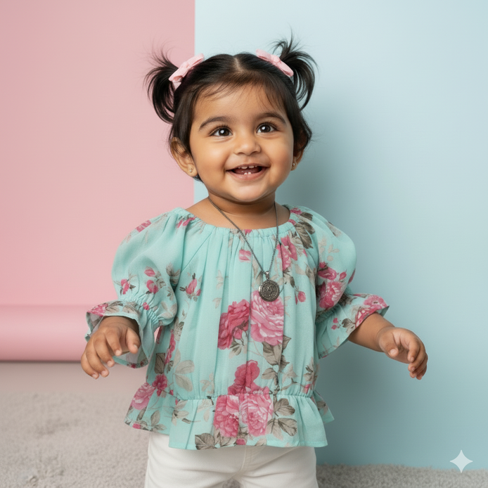 GREEN ROSES FLOWERS GIRLS TOP