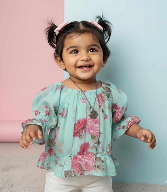 GREEN ROSES FLOWERS GIRLS TOP