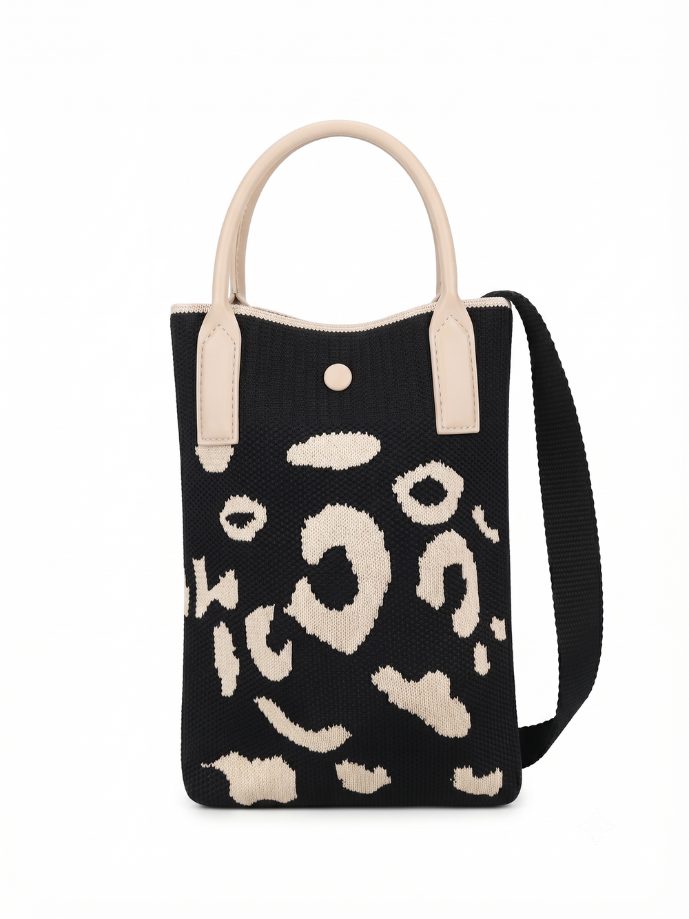 Women's Black & Cream Knitted Mobile Shoulder Bag