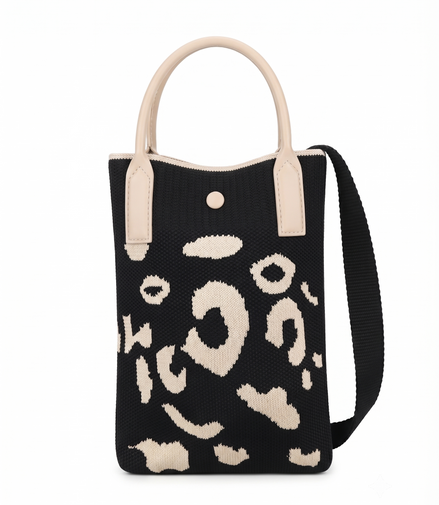 Women's Black & Cream Knitted Mobile Shoulder Bag