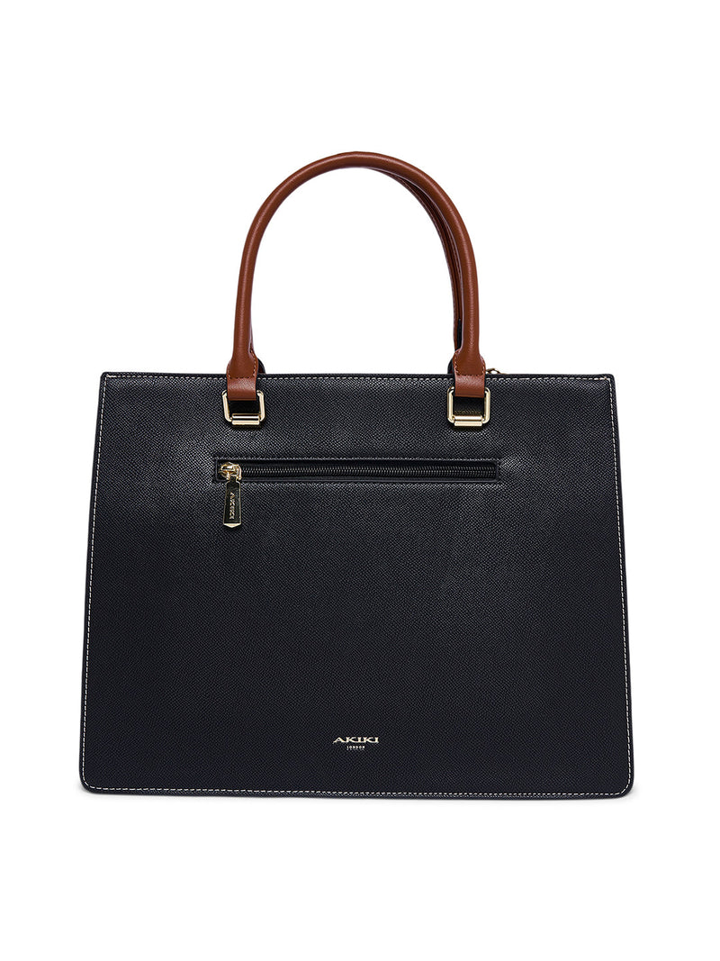 AKIKI London Beverley Large Satchel Bag Black/Tan detail