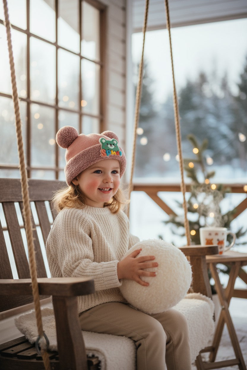 Blush Pink Teddy Ears Knit Cap with Pom-Poms for Kids