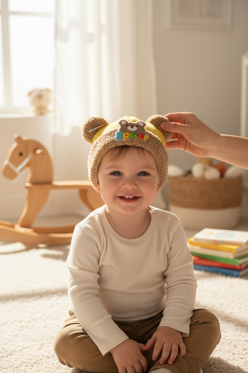 Teddy Brown Ears Winter Knit Cap for Babies