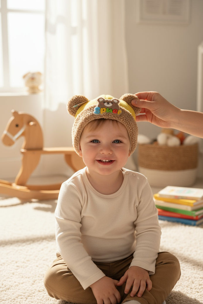 Brown Teddy Ears Winter Knit Cap for Babies