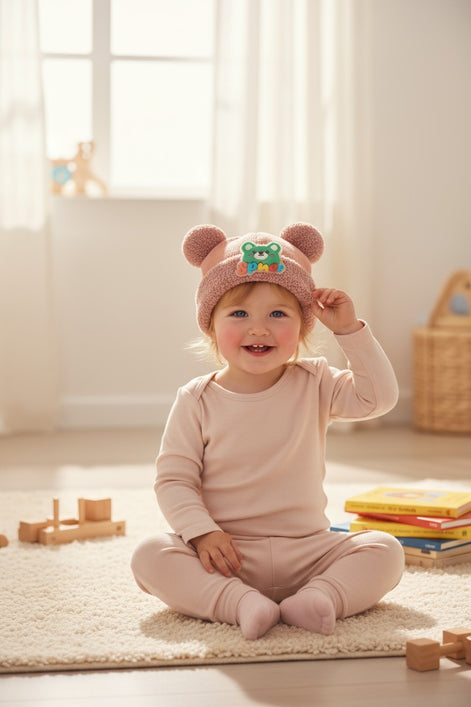 Blush Pink Teddy Ears Knit Cap with Pom-Poms for Kids