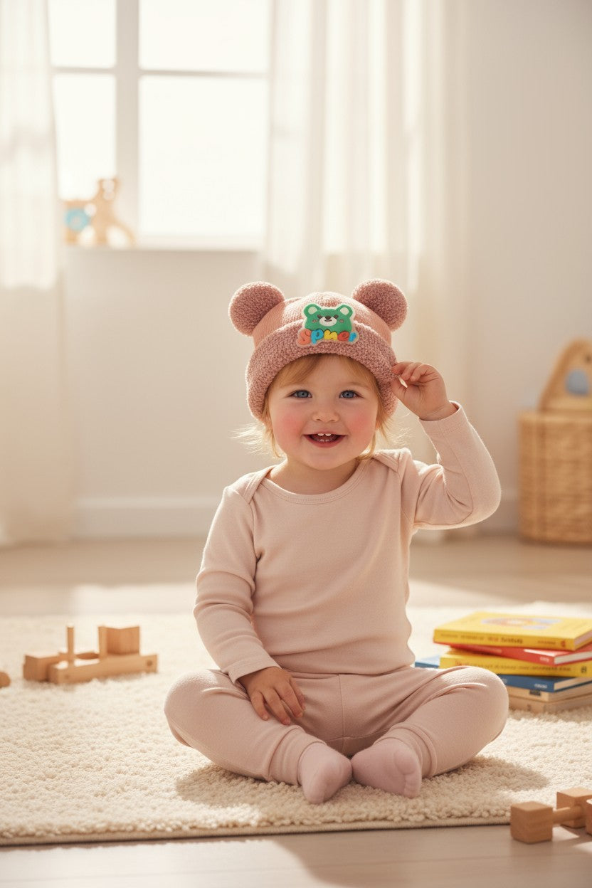 Blush Pink Teddy Ears Knit Cap with Pom-Poms for Kids