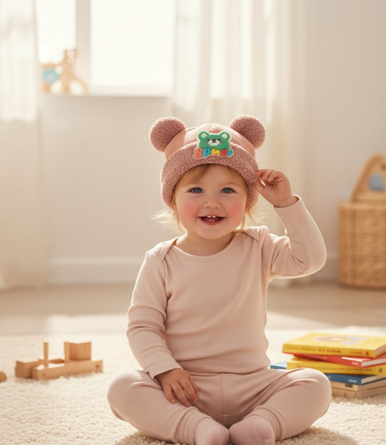 Blush Pink Teddy Ears Knit Cap with Pom-Poms for Kids