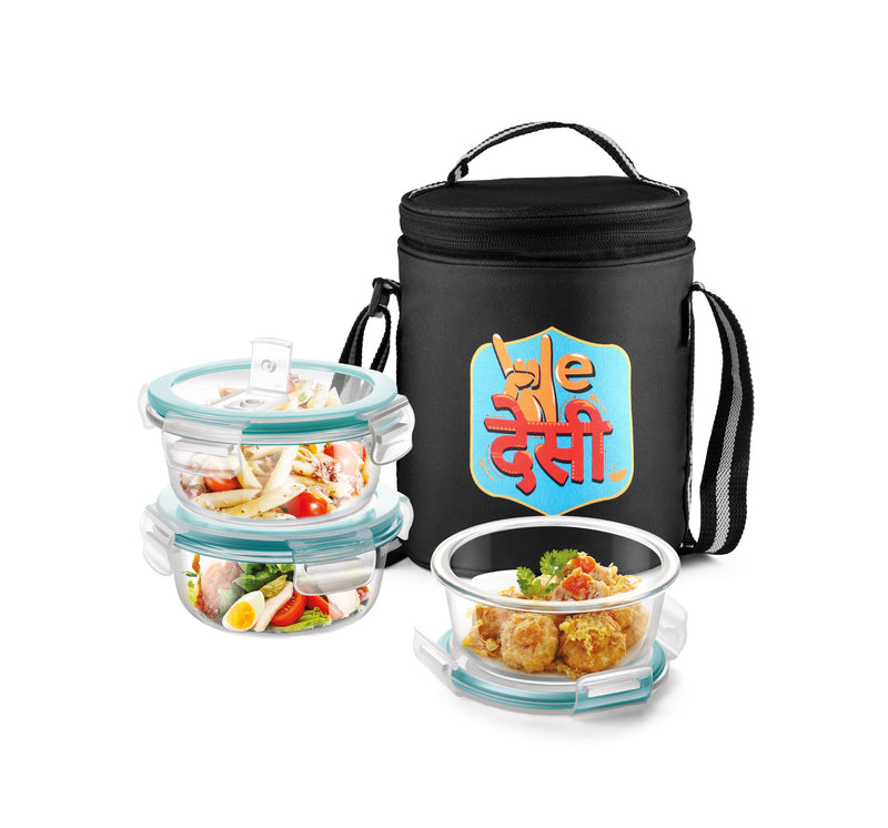 Milton We Desi Borosilicate Glass Tiffin 1200ml with Printed Jacket — front view
