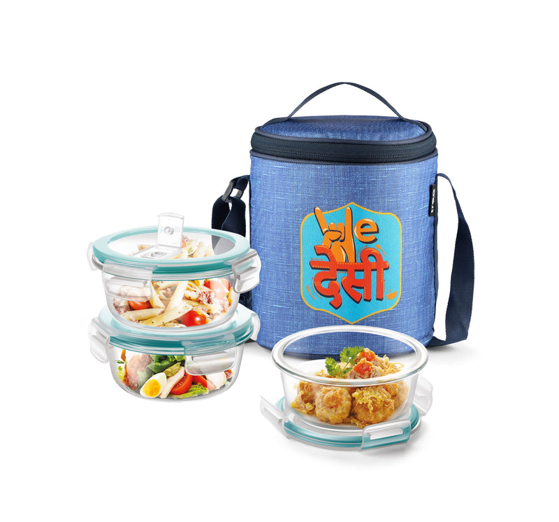 Milton We Desi Borosilicate Glass Tiffin 1200ml with Printed Jacket — side view