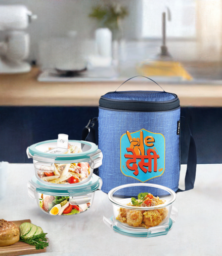 Milton We Desi Borosilicate Glass Tiffin 1200ml with Printed Jacket
