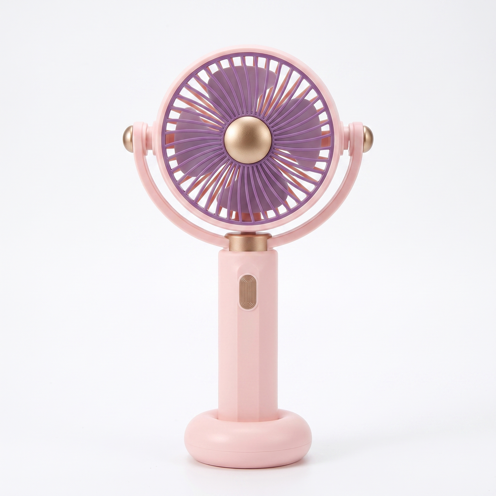 LS rechargeable handheld mini fan in pink with purple blades and antique-gold centre cap, standing upright on its round base