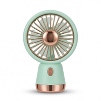 LS rechargeable handheld mini fan in mint green with a rose-gold spoke grille and domed centre hub, standing upright