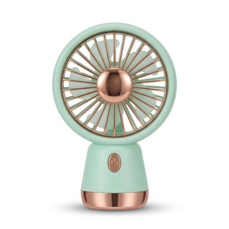 LS rechargeable handheld mini fan in mint green with a rose-gold spoke grille and domed centre hub, standing upright