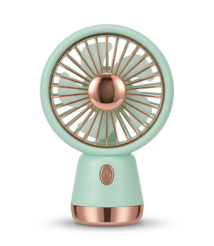 LS rechargeable handheld mini fan in mint green with a rose-gold spoke grille and domed centre hub, standing upright