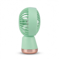 Side profile of the LS mint green handheld mini fan showing the rounded head and rose-gold band at the base of the handle