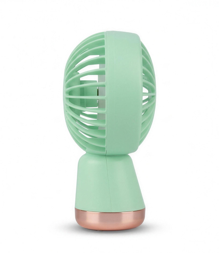 Side profile of the LS mint green handheld mini fan showing the rounded head and rose-gold band at the base of the handle