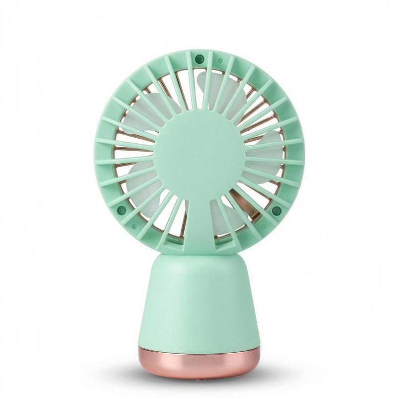 Rear view of the LS mint green handheld mini fan showing the radial rear grille and tapered handle