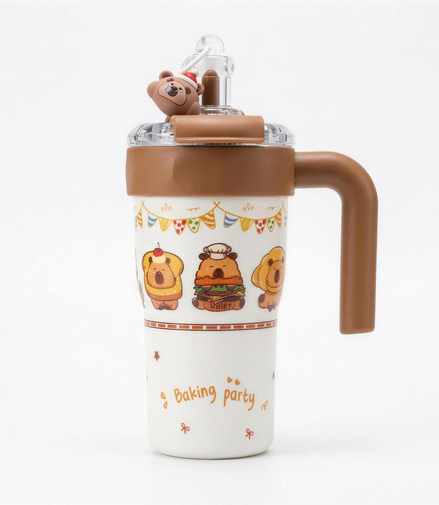 Diller Capybara Baking Party 800ml insulated tumbler in white with brown lid, curved side handle and a bear charm straw topper